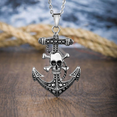 Anchors Aweigh Skull Pendant made of two-tone stainless steel featuring a detailed skull and anchor design on a matching chain, ideal for men's jewelry collections.