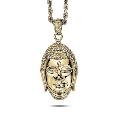 Buddha Pendant crafted from gold-plated stainless steel, featuring a detailed Buddha head design on a twisted chain, designed for men’s jewelry collections.