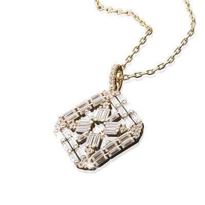 Bliss Baguette Pendant featuring sterling silver with gold plating, designed for women, showcasing an elegant arrangement of baguette-cut stones on a delicate gold chain necklace.