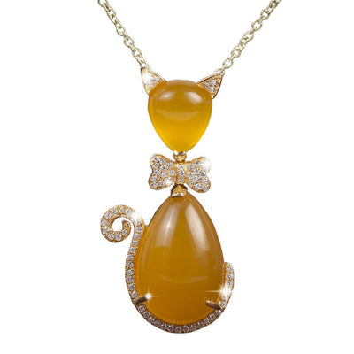 Bow Cat Tangerine Pendant featuring a sterling silver cat-shaped design with rose gold plating, adorned with tangerine-colored stones and sparkling crystal accents, elegant jewelry for women.