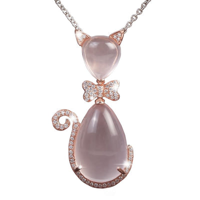 Bow Cat Rose Pendant necklace for female featuring a sterling silver design with gold plating, a cat-shaped rose quartz gemstone, and sparkling crystal accents.
