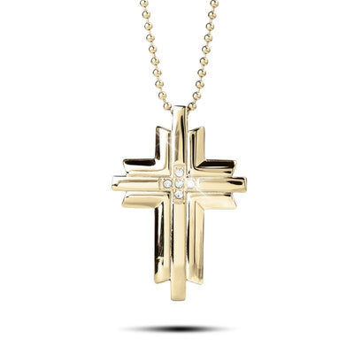 Trinity Golden Cross pendant for men featuring a polished gold-tone design with a layered cross shape and sparkling crystal accents on a matching gold chain.