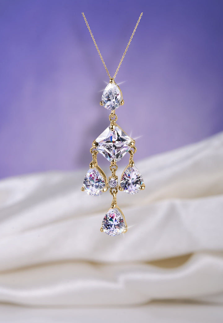 Ice Chandelier Pendant featuring sparkling clear stones set in sterling silver with gold plating, designed as an elegant necklace for women.