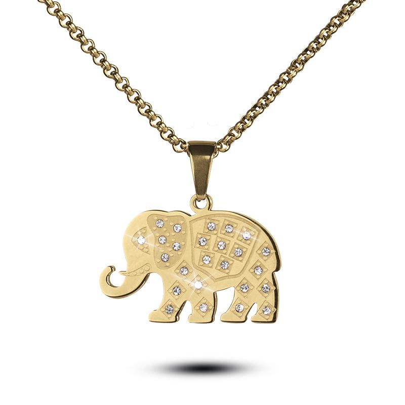 Great Elephanta Pendant in gold-plated stainless steel featuring a sparkling elephant design with embedded crystals, a unisex necklace perfect for elegant jewelry collections.