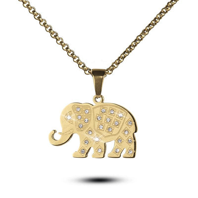 Great Elephanta Pendant in gold-plated stainless steel featuring a sparkling elephant design with embedded crystals, a unisex necklace perfect for elegant jewelry collections.