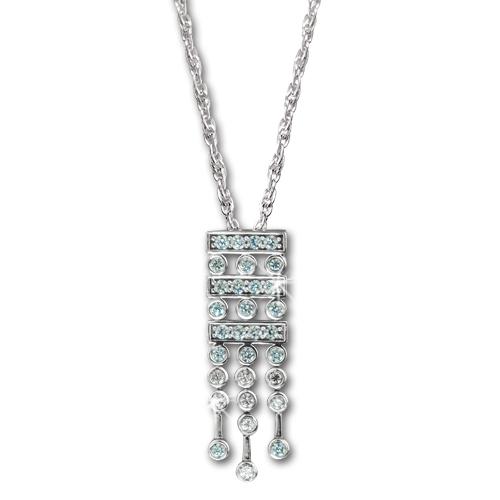 Empress Pendant in sterling silver with rhodium plating featuring a rectangular design adorned with blue and clear gemstones, elegant jewelry for women.