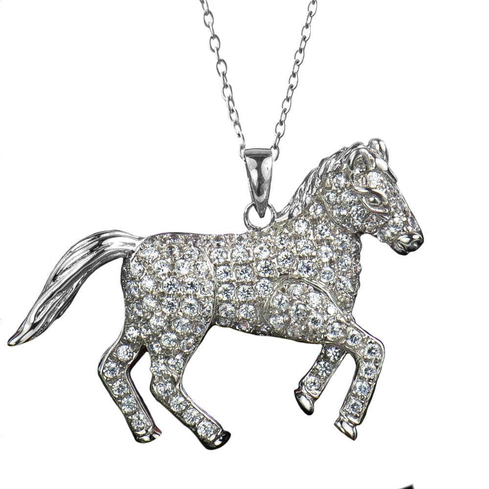 Wild Pony Rhodium Pendant featuring a sterling silver horse shape encrusted with sparkling crystals, designed for women’s jewelry collections and necklace accessories.