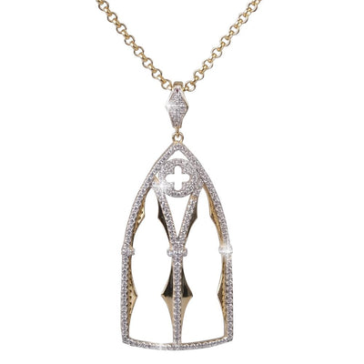 Abbey Pendant in sterling silver with gold plating, featuring an elegant Gothic-inspired design accented with sparkling stones, perfect jewelry for women.