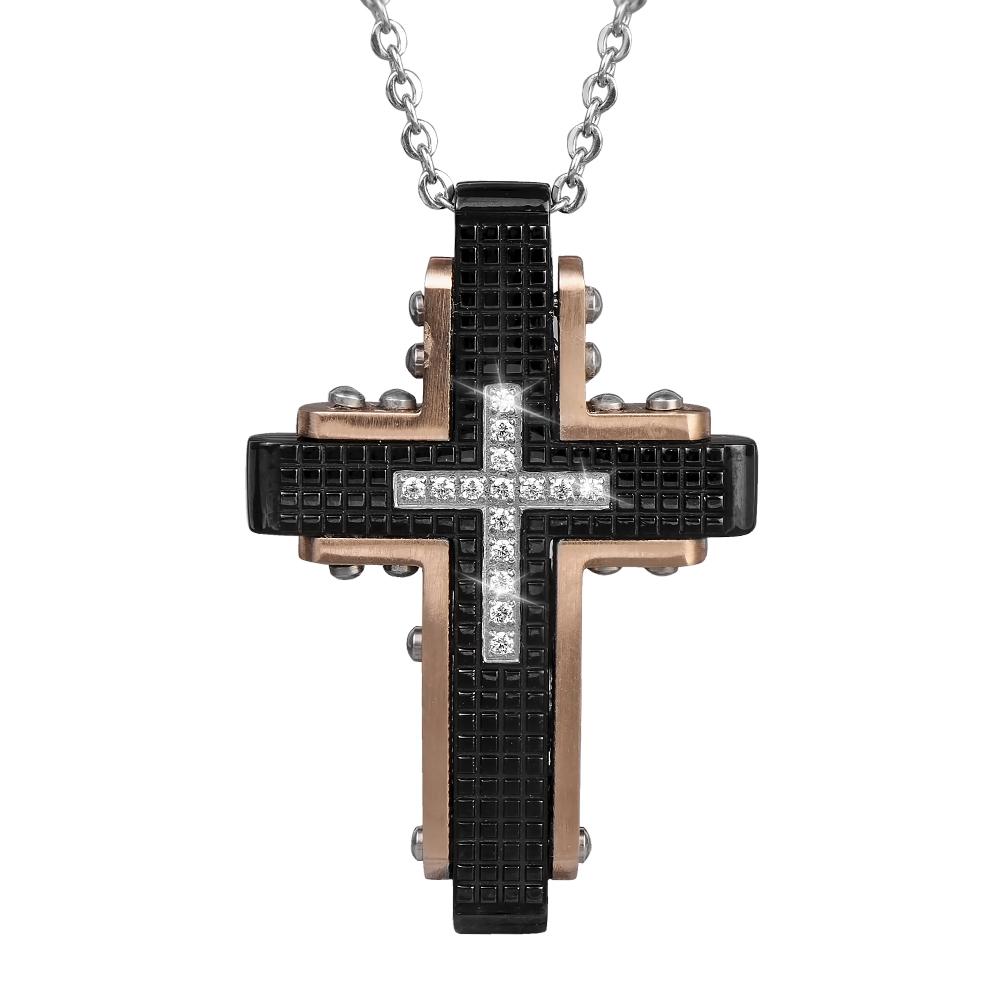 Dark Knight Pendant featuring a stainless steel cross with rose gold plating, black textured inlay, and sparkling crystal accents, designed as a bold men’s necklace.