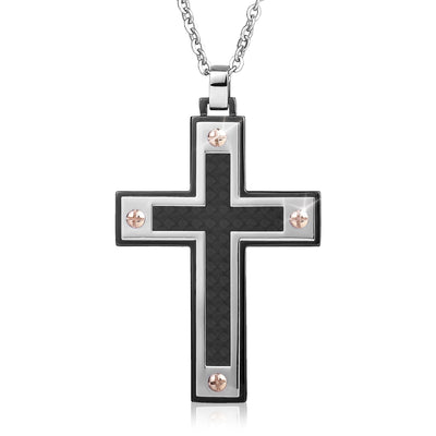 Dynamo Men's Pendant featuring a stainless steel cross design with black inlay and rose gold-tone screw accents, hanging from a matching stainless steel chain.