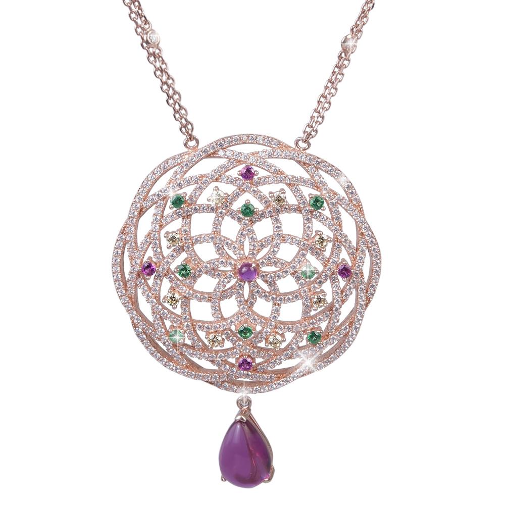 Granada Pendant featuring an intricate sterling silver design with rose gold plating, adorned with multicolored gemstones and a teardrop-shaped purple gemstone dangle, elegant jewelry for women.
