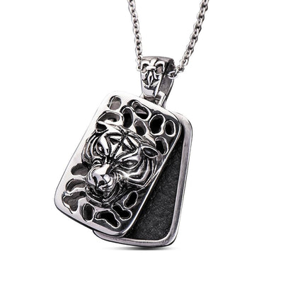 Tiger Dog Tag Pendant crafted from stainless steel featuring a detailed tiger head design with textured cutouts, suspended on a sturdy chain for a bold masculine jewelry statement.