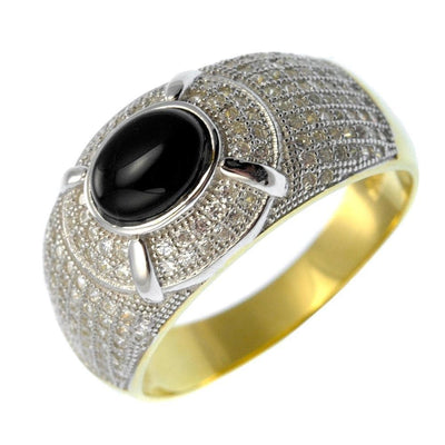 Alpha Men's Ring featuring a two-tone sterling silver design with a prominent black oval stone centerpiece surrounded by intricate detailing, a striking men's jewelry piece.