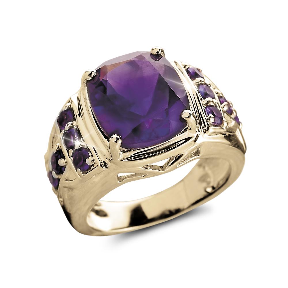 Majestic Amethyst Men's Ring featuring a large amethyst gemstone set in sterling silver with gold plating, accented with smaller amethyst stones on the band.