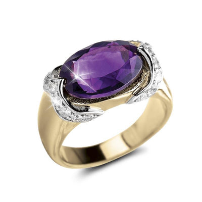 Romana Amethyst Ring featuring a large faceted amethyst gemstone set in sterling silver with gold plating, designed as elegant female jewelry.