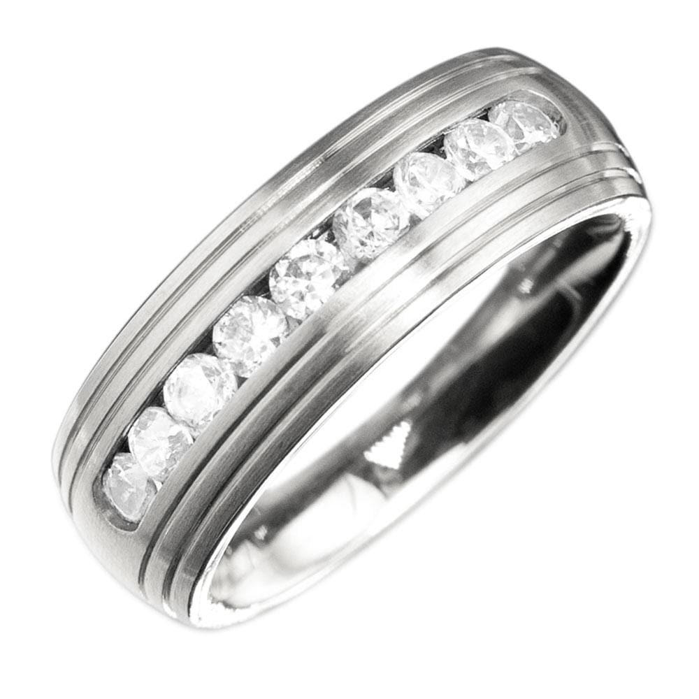 Couture Band Steel Ring in stainless steel featuring a sleek band with a row of sparkling clear stones, designed as a unisex jewelry piece.