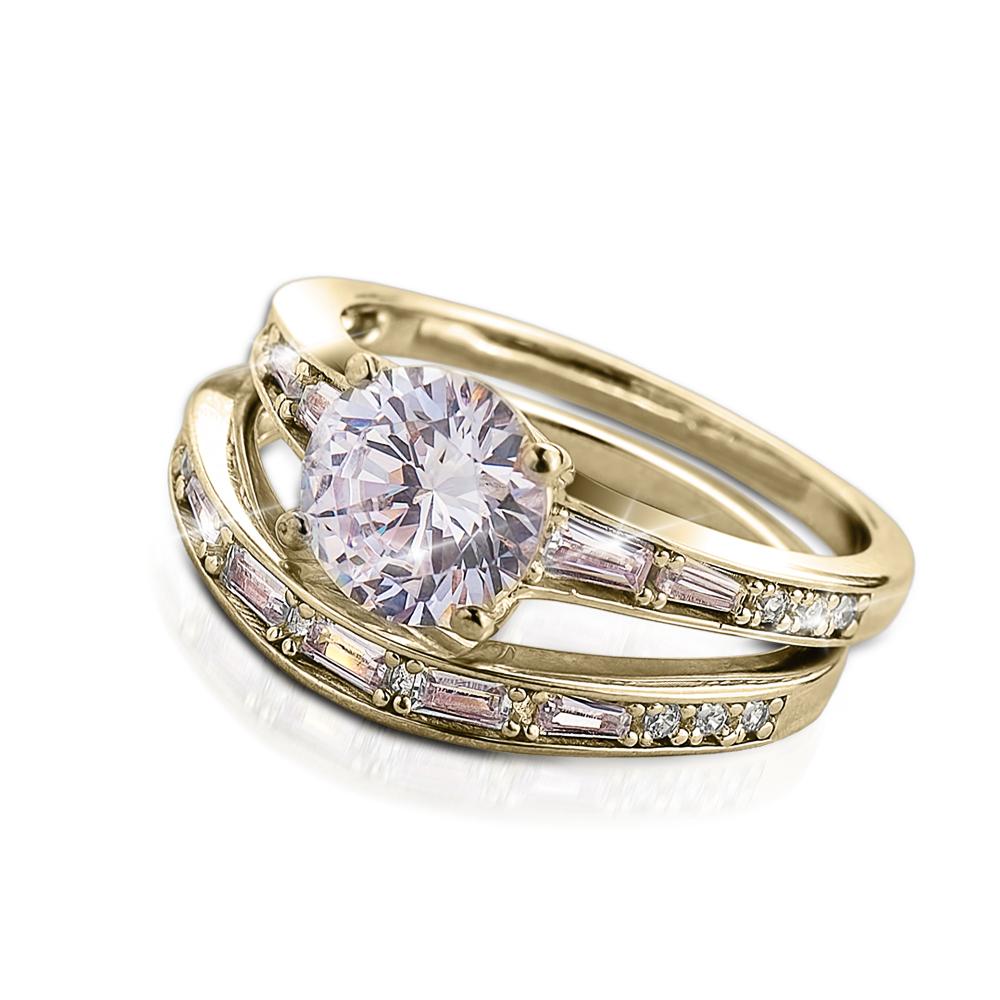 Solia Duo Ring featuring a sterling silver band plated in gold, designed for women, adorned with a large round center stone and baguette-cut accent stones on a split shank style.