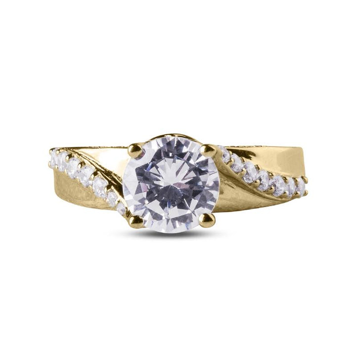 Oliva Glisten Ring featuring a sterling silver band with gold plating, adorned with a large round clear stone and a twisted design accented by smaller sparkling stones for women’s jewelry.