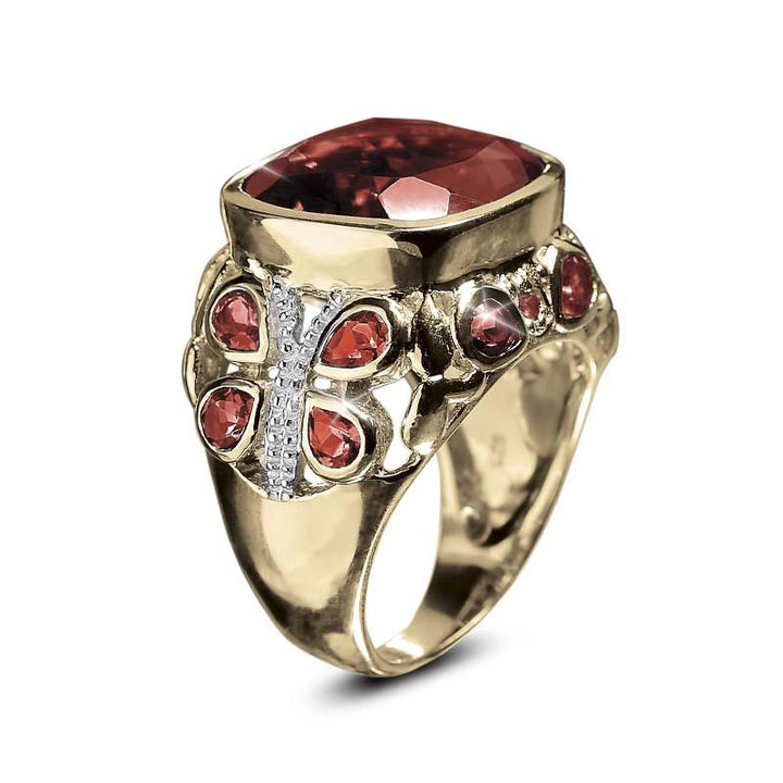 Springtime Garnet Ring featuring a gold-plated stainless steel band with a large garnet centerpiece and butterfly-shaped garnet accents, designed for women’s jewelry.