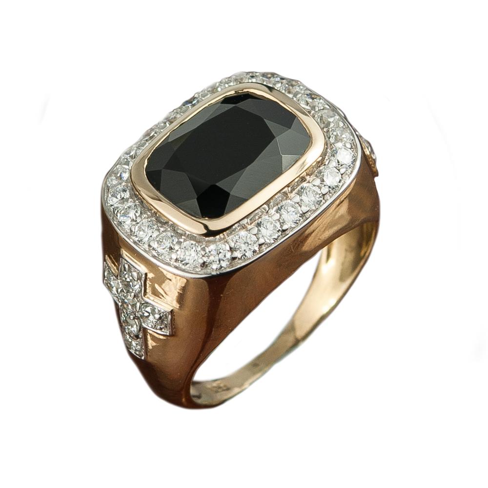 Spinel Cross Ring for men featuring a large black spinel stone set in gold-plated sterling silver with a cross design accented by small clear gemstones on the band.