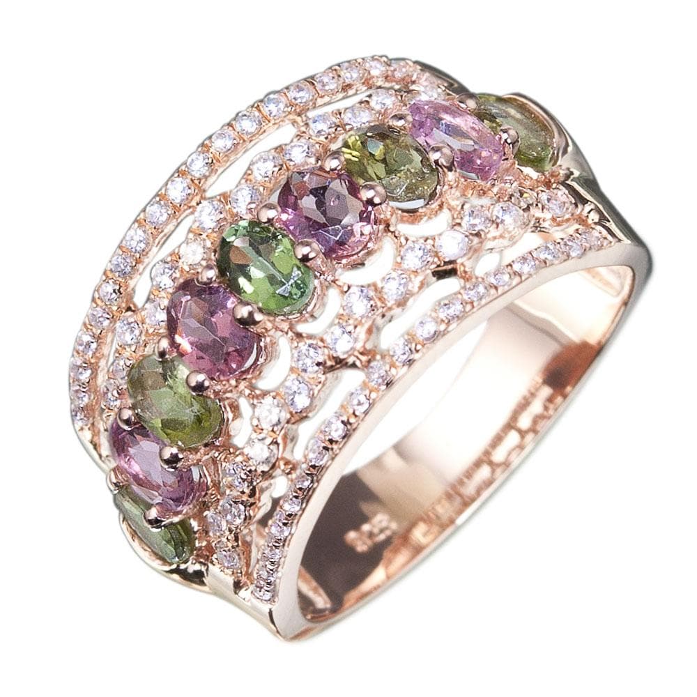 Aurora Ring in sterling silver with rose gold plating, featuring alternating pink and green gemstones surrounded by small sparkling accents, designed for women’s jewelry collection.