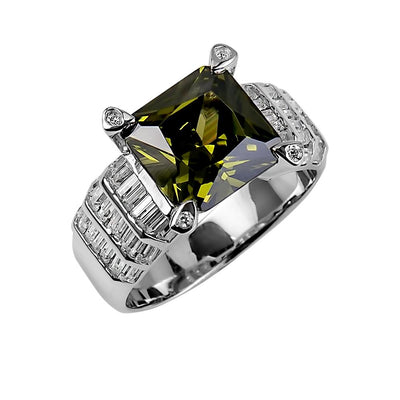 Envy Ring featuring a large square green gemstone set in sterling silver with rhodium plating, designed for female jewelry enthusiasts seeking an elegant statement ring.