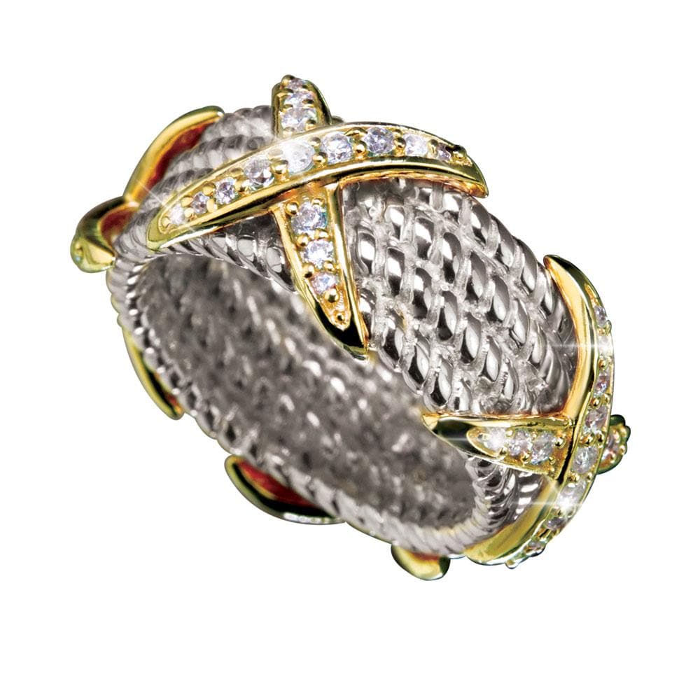 Firenze Ring featuring a sterling silver woven band with elegant two-tone gold plating and sparkling diamond accents, designed for women’s fine jewelry collections.