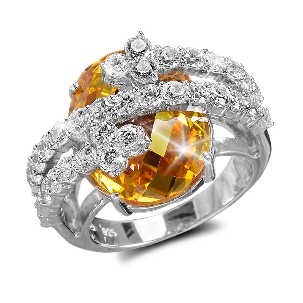 Honey Blossom Ring featuring a large faceted golden gemstone set in sterling silver with rhodium plating and accented by sparkling clear stones for elegant female jewelry.