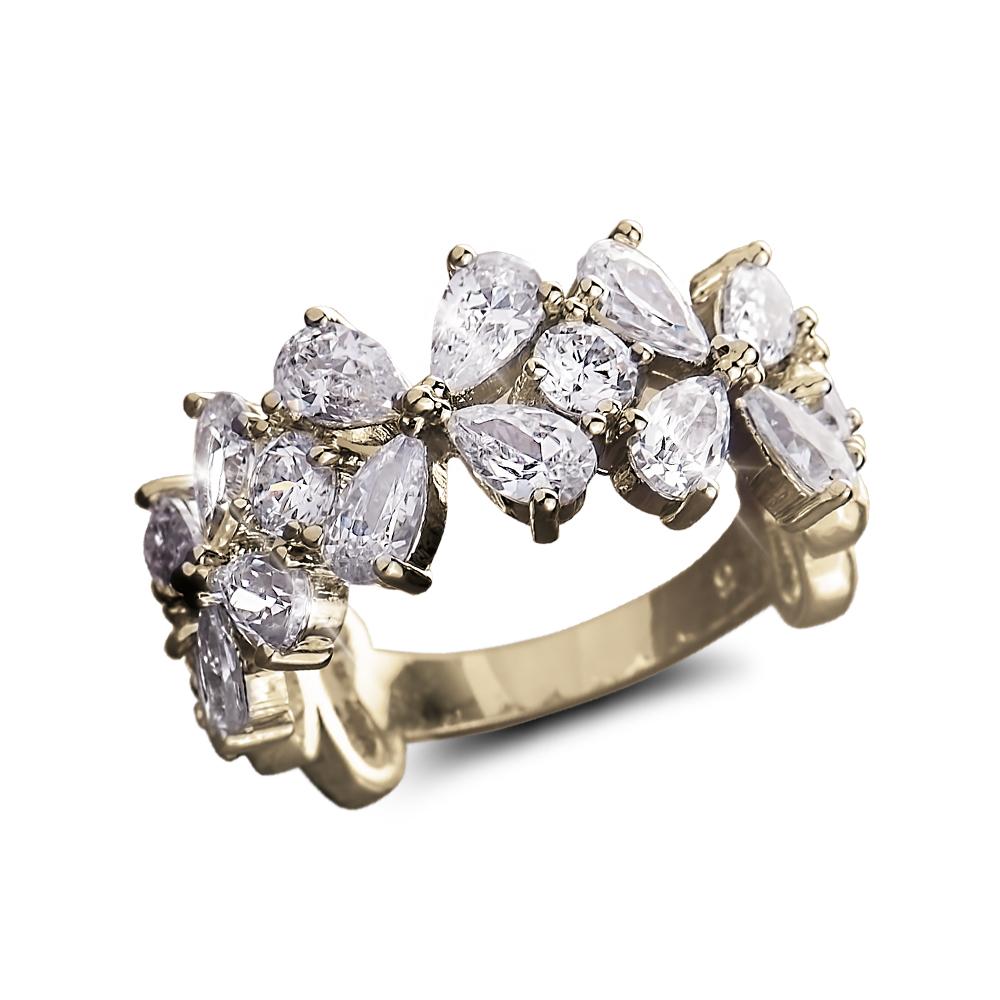 Petal Flower Ring in gold-plated sterling silver featuring an elegant arrangement of pear and round-shaped clear stones, designed for women’s fine jewelry collections.