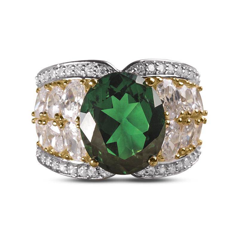 Fairfield Ring featuring a large green oval centerpiece gemstone, flanked by clear stones set in sterling silver with gold plating, designed for women’s jewelry.