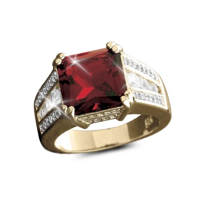 A stunning Astra Garnet Ring featuring a large square garnet centerpiece set in gold with rows of sparkling diamonds on each side, designed for women’s jewelry.