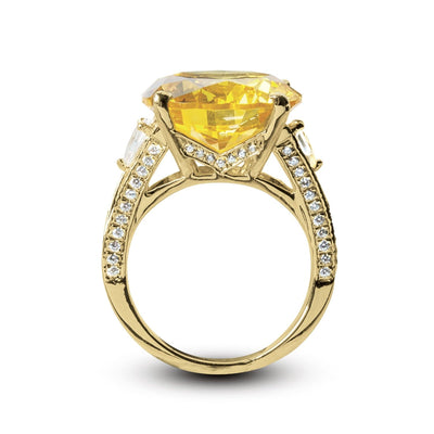 Golden Sun-Drop Ring featuring a large yellow gemstone set in gold-plated sterling silver with intricate detailing and small clear crystals along the band for women’s jewelry.