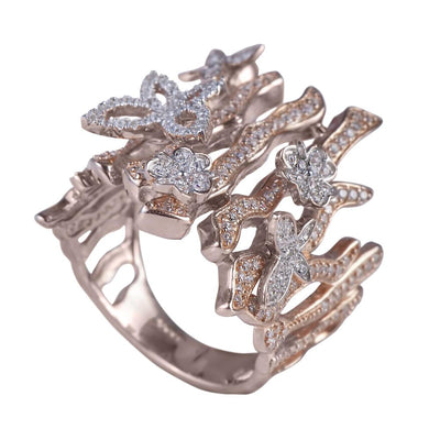 Woodland Butterfly Ring in sterling silver with rose gold plating, featuring intricate butterfly and floral designs adorned with sparkling stones, elegant female jewelry ring.