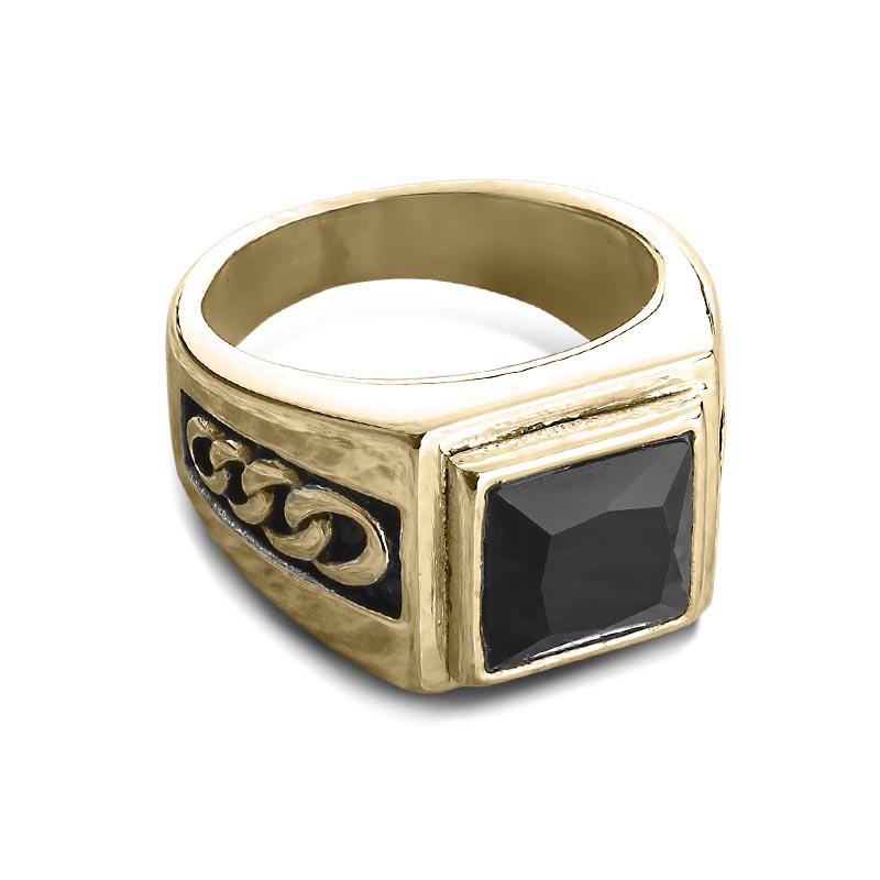 Collins Noir Ring for men, crafted in gold-plated stainless steel, features a bold square black stone and detailed chain link accents for an elegant jewelry statement.