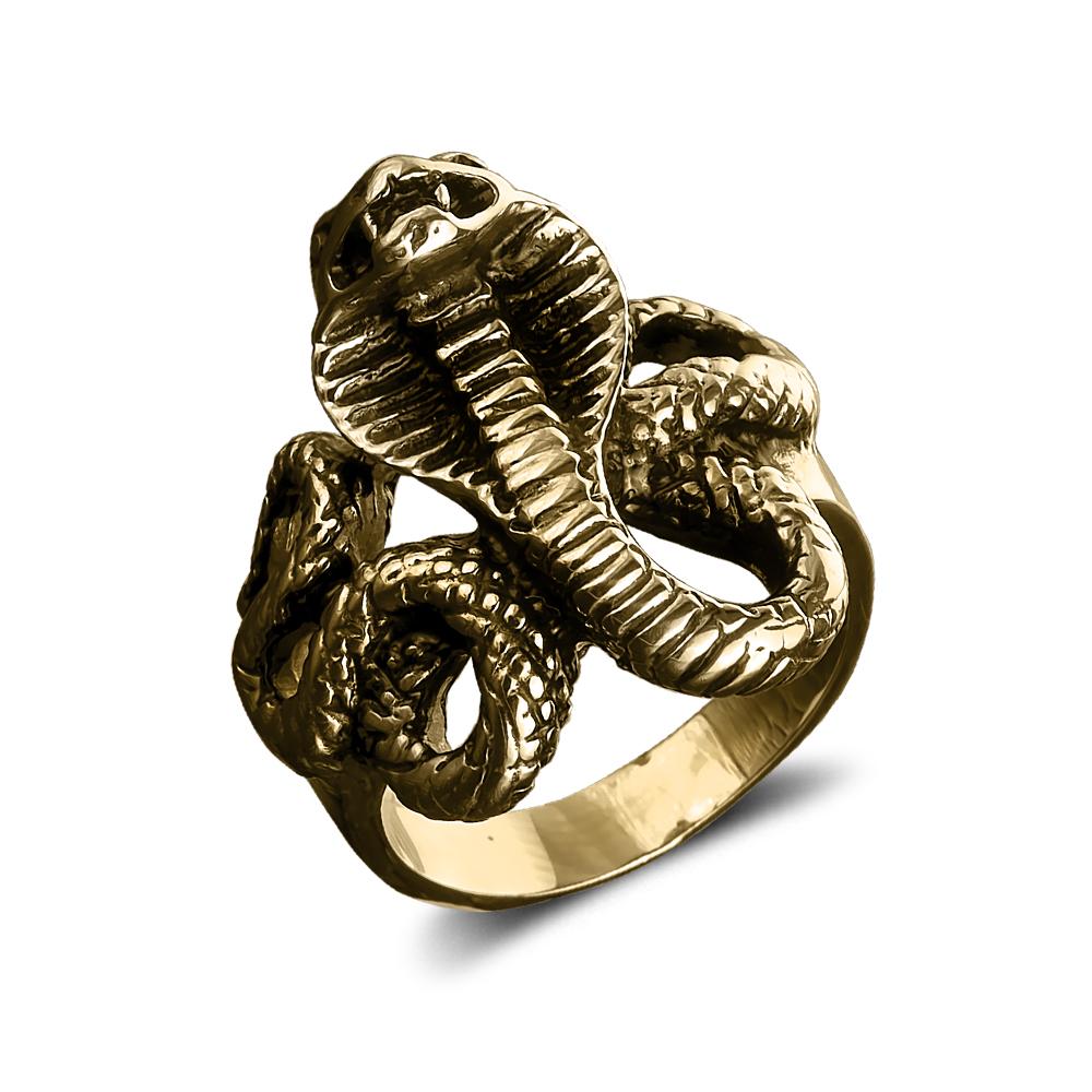 Venom Men's Gold Ring crafted from stainless steel with detailed gold plating, featuring a striking coiled cobra design, perfect men's jewelry statement piece.