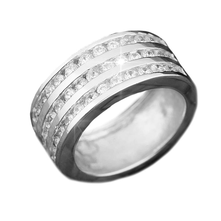 Galaxy Ring Rhodium featuring a sterling silver band with rhodium plating, designed unisex with three rows of sparkling diamonds for a captivating jewelry statement.