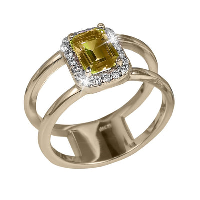 Close-up of a Destiny Citrine Ring featuring a gold-plated sterling silver band with a rectangular citrine gemstone surrounded by clear accent stones, designed for women’s jewelry.
