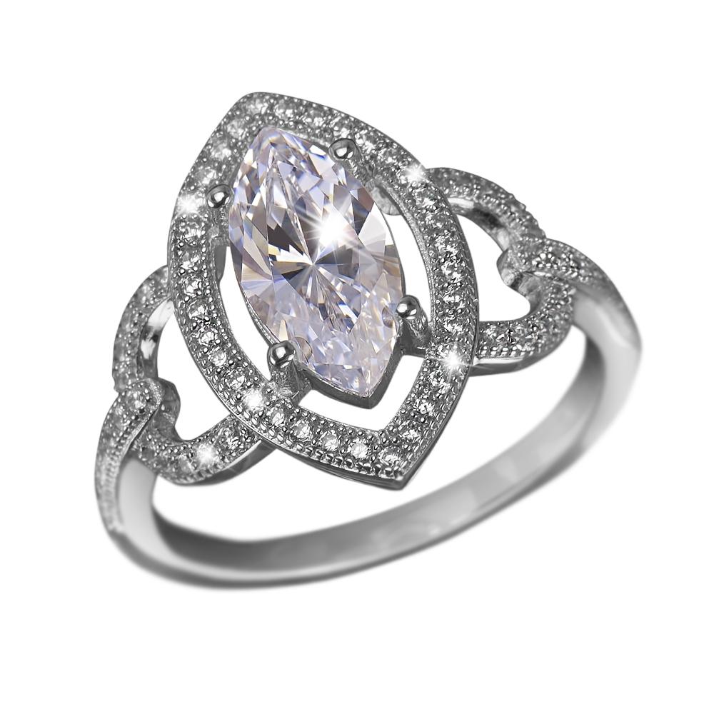Pompadour Ring in sterling silver with rhodium plating featuring a marquise-cut center stone surrounded by small sparkling accents for elegant female jewelry.