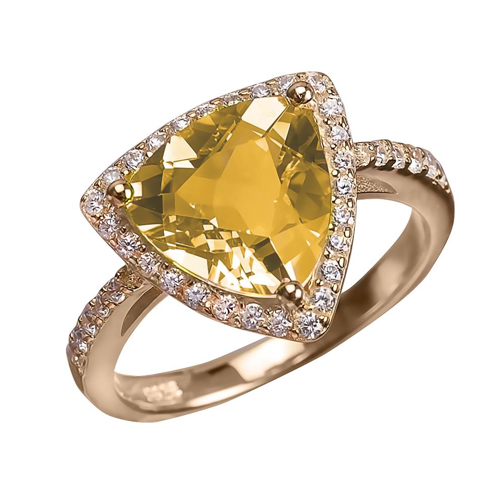 Citrine Sun Ring featuring a triangular citrine gemstone set in sterling silver with gold plating, accented by small sparkling stones along the band, designed for women’s jewelry.