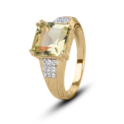 Lemon Quartz Solitaire Ring featuring a gold-plated sterling silver band with a square lemon quartz center stone and diamond accents, designed for women’s jewelry.