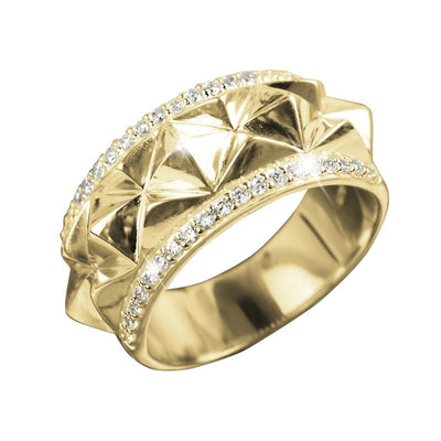 Luxor Gold Ring crafted in sterling silver with rhodium plating, featuring a geometric textured design accented by sparkling stones, designed for women’s jewelry collections.