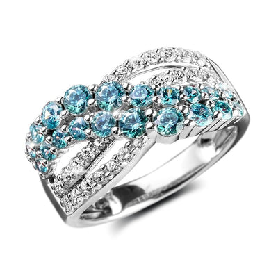 Aqua Cascade Ring featuring sterling silver with rhodium plating, adorned with sparkling blue and clear stones, designed for women seeking elegant jewelry.