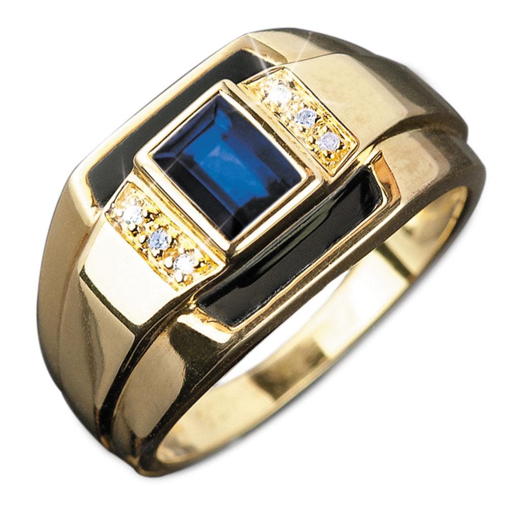 Discovery Gold Ring for men crafted in sterling silver with gold plating, featuring a central blue sapphire gemstone and accent diamonds, a stylish statement jewelry piece.