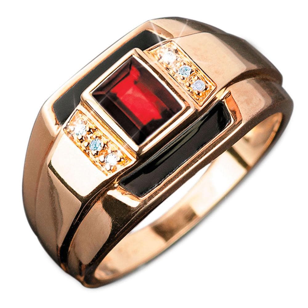 Discovery Rose Gold Ring for men crafted from sterling silver plated in rose gold, featuring a rectangular red gemstone accented with small clear stones and black enamel details.