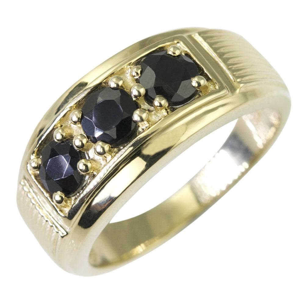 Tuxedo Blue Sapphire Ring featuring a sterling silver band with gold plating, designed for men, showcasing three dark blue sapphire stones in a bold setting.