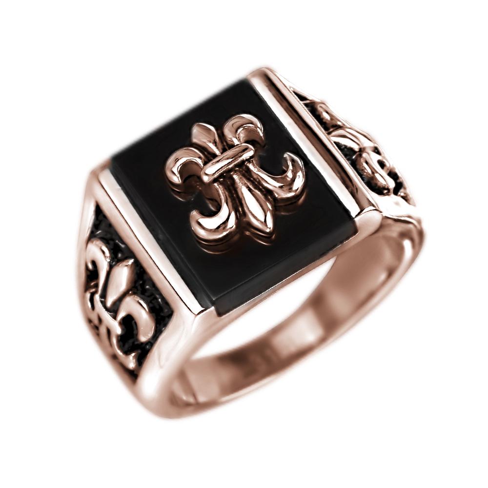 Grand Canyon Rose Gold Ring crafted from stainless steel with rose gold plating, featuring intricate fleur-de-lis designs on a black background, designed for men’s jewelry.