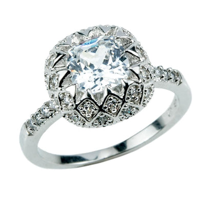 Tangier Ring with a sparkling central gemstone set in sterling silver plated with rhodium, designed for women, featuring intricate detailing and smaller accent stones.