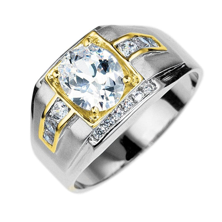 Oxford Men's Ring crafted in sterling silver with two-tone plating, featuring a central sparkling gemstone and additional smaller stones in a bold, elegant design.