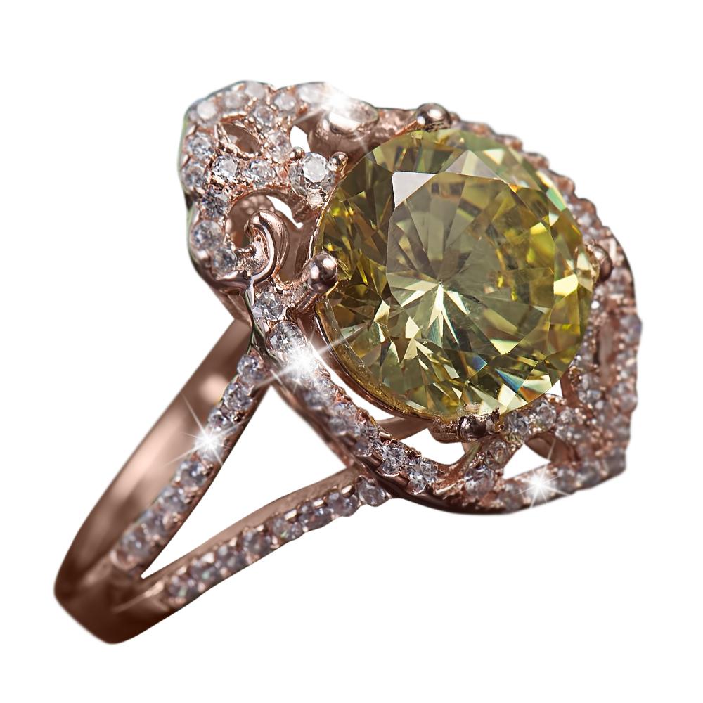 Ultra Verde Ring featuring a large green gemstone centerpiece set in sterling silver with rose gold plating, accented by intricate sparkling details, designed for women’s jewelry.