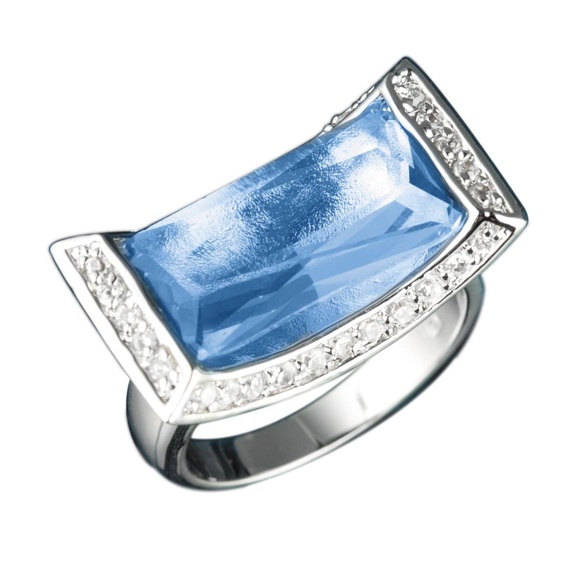 Sterling silver Plateau Ring for female featuring rhodium plating, a large rectangular blue gemstone centerpiece, and a surrounding border of small clear stones, elegant jewelry.